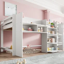 Enfant Okwish Lit enfant 90x200 cm - Lit simple Mi-Hauteur avec Cabane et Multiples Espaces de Rangement Pratiques - Bois Pin MDF - Blanc
