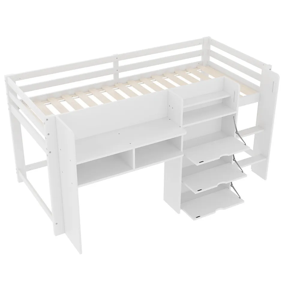 Enfant Okwish Lit enfant 90x200 cm - Lit simple Mi-Hauteur avec Cabane et Multiples Espaces de Rangement Pratiques - Bois Pin MDF - Blanc