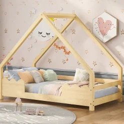 Enfant Okwish Lit Enfant 90x200 cm - Lit Simple Forme Maison avec Barrières de Sécurité - Sans Matelas - Bois Massif Naturel