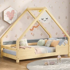 Enfant Okwish Lit Enfant 90x200 cm - Lit Simple Forme Maison avec Barrières de Sécurité - Sans Matelas - Bois Massif Naturel