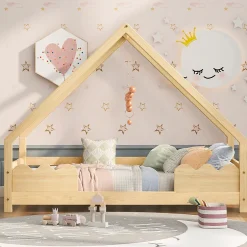Enfant Okwish Lit Enfant 90x200 cm - Lit Simple Forme Maison avec Barrières de Sécurité - Sans Matelas - Bois Massif Naturel