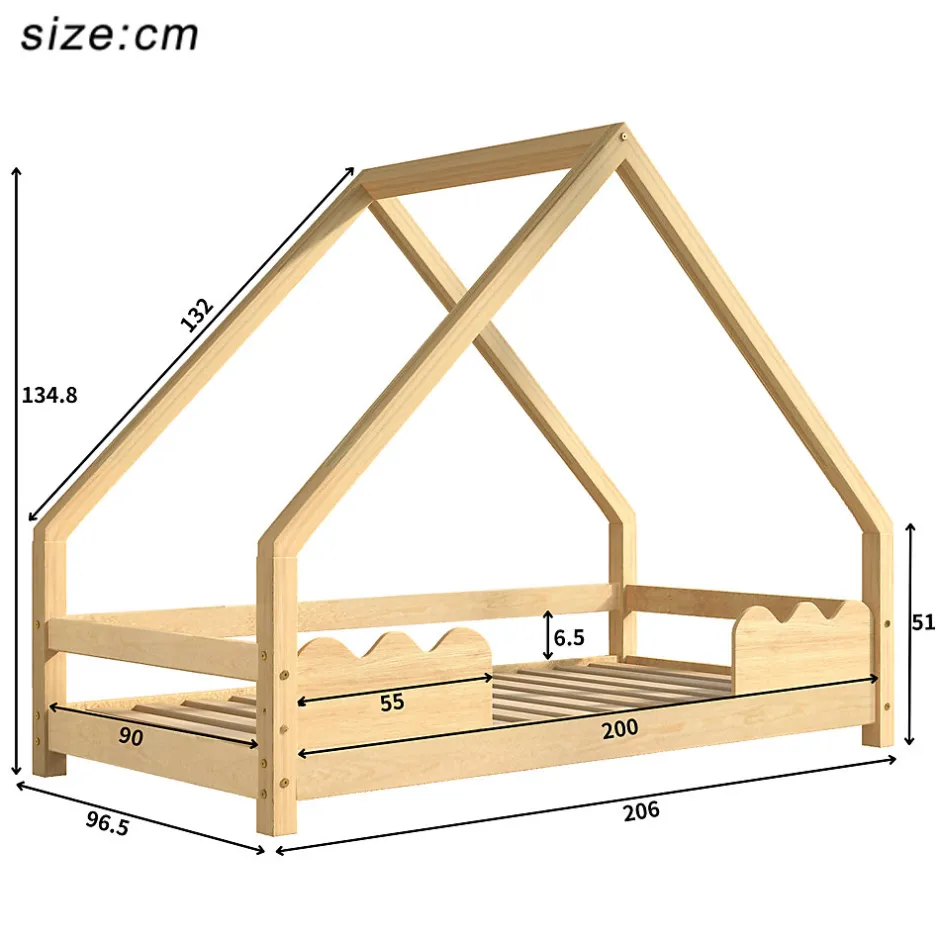 Enfant Okwish Lit Enfant 90x200 cm - Lit Simple Forme Maison avec Barrières de Sécurité - Sans Matelas - Bois Massif Naturel