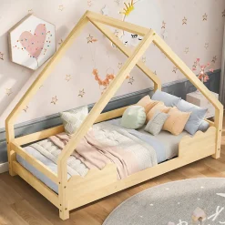 Enfant Okwish Lit Enfant 90x200 cm - Lit Simple Forme Maison avec Barrières de Sécurité - Sans Matelas - Bois Massif Naturel
