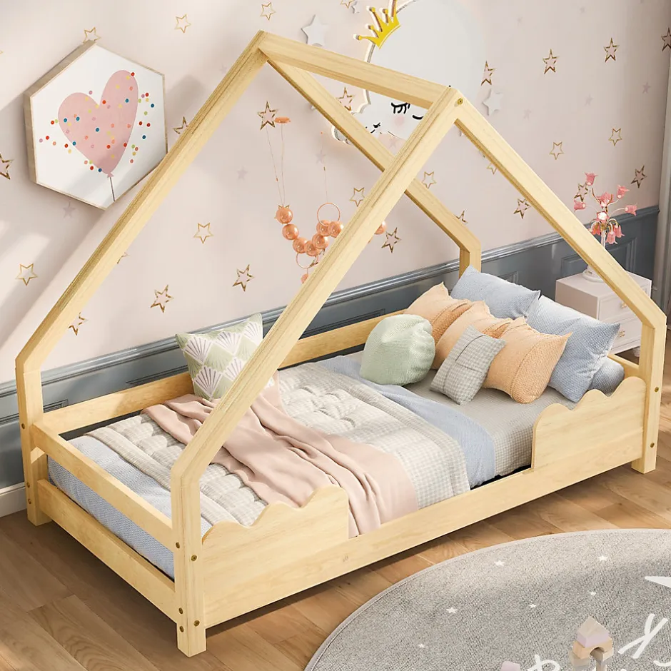 Enfant Okwish Lit Enfant 90x200 cm - Lit Simple Forme Maison avec Barrières de Sécurité - Sans Matelas - Bois Massif Naturel