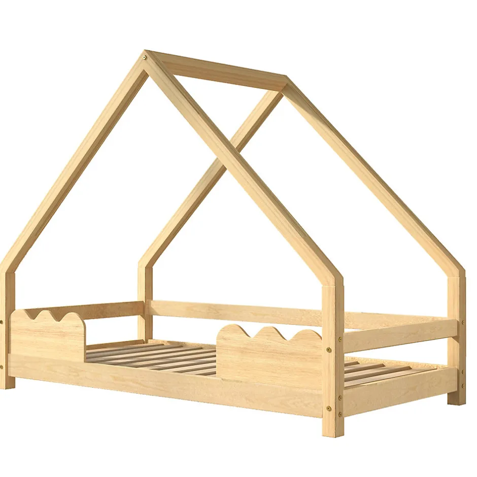 Enfant Okwish Lit Enfant 90x200 cm - Lit Simple Forme Maison avec Barrières de Sécurité - Sans Matelas - Bois Massif Naturel
