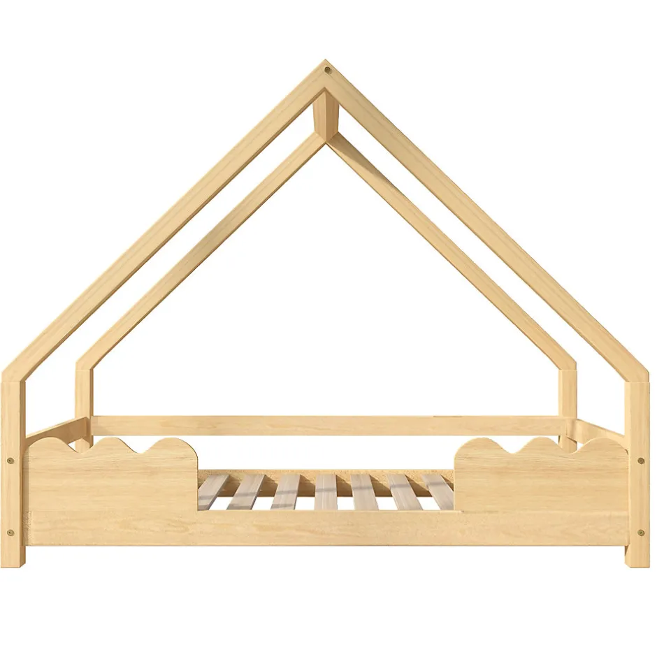 Enfant Okwish Lit Enfant 90x200 cm - Lit Simple Forme Maison avec Barrières de Sécurité - Sans Matelas - Bois Massif Naturel
