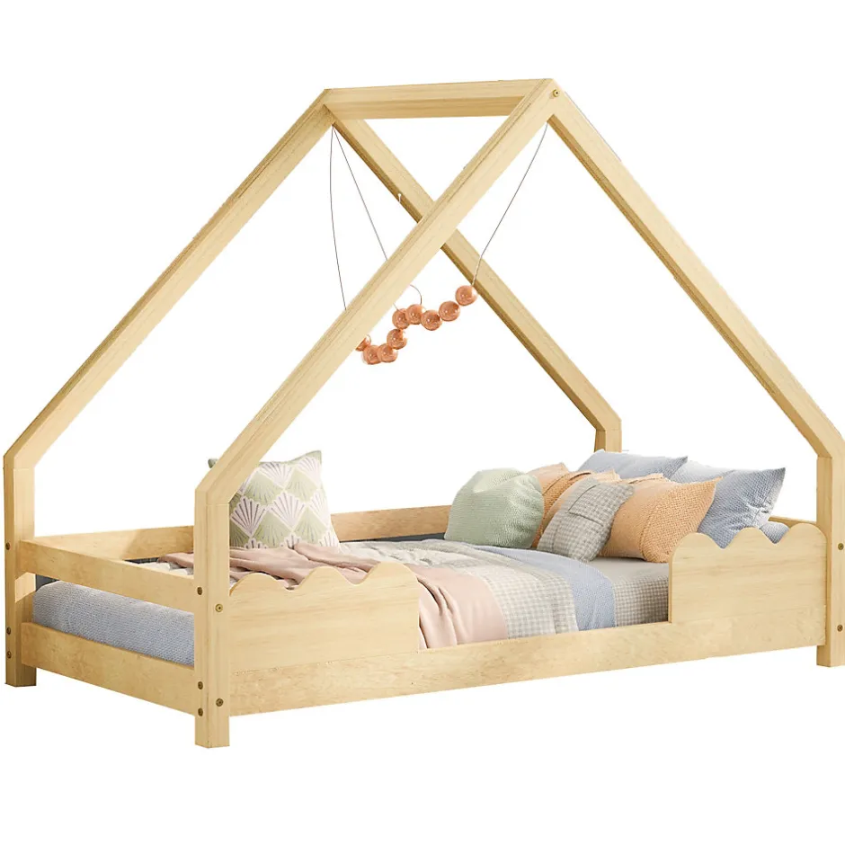 Enfant Okwish Lit Enfant 90x200 cm - Lit Simple Forme Maison avec Barrières de Sécurité - Sans Matelas - Bois Massif Naturel