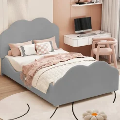 Okwish Lit enfant 90x200 cm - Lit Simple Capitonné avec Tête et Pied de Lit en Forme de Nuage, Velours Doux, Sans Matelas - Gris New