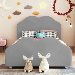 Okwish Lit enfant 90x200 cm - Lit Simple Capitonné avec Tête et Pied de Lit en Forme de Nuage, Velours Doux, Sans Matelas - Gris New