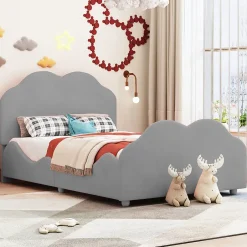 Okwish Lit enfant 90x200 cm - Lit Simple Capitonné avec Tête et Pied de Lit en Forme de Nuage, Velours Doux, Sans Matelas - Gris New