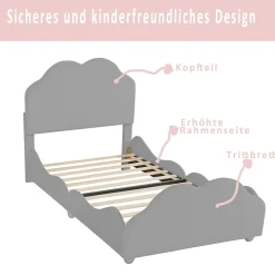 Okwish Lit enfant 90x200 cm - Lit Simple Capitonné avec Tête et Pied de Lit en Forme de Nuage, Velours Doux, Sans Matelas - Gris New