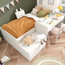 Enfant Okwish Lit enfant 90x200 cm - Lit simple avec bureau intégré et tiroirs de rangement - Bois massif, pin et MDF - Blanc - Sans matelas