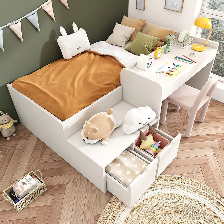 Enfant Okwish Lit enfant 90x200 cm - Lit simple avec bureau intégré et tiroirs de rangement - Bois massif, pin et MDF - Blanc - Sans matelas