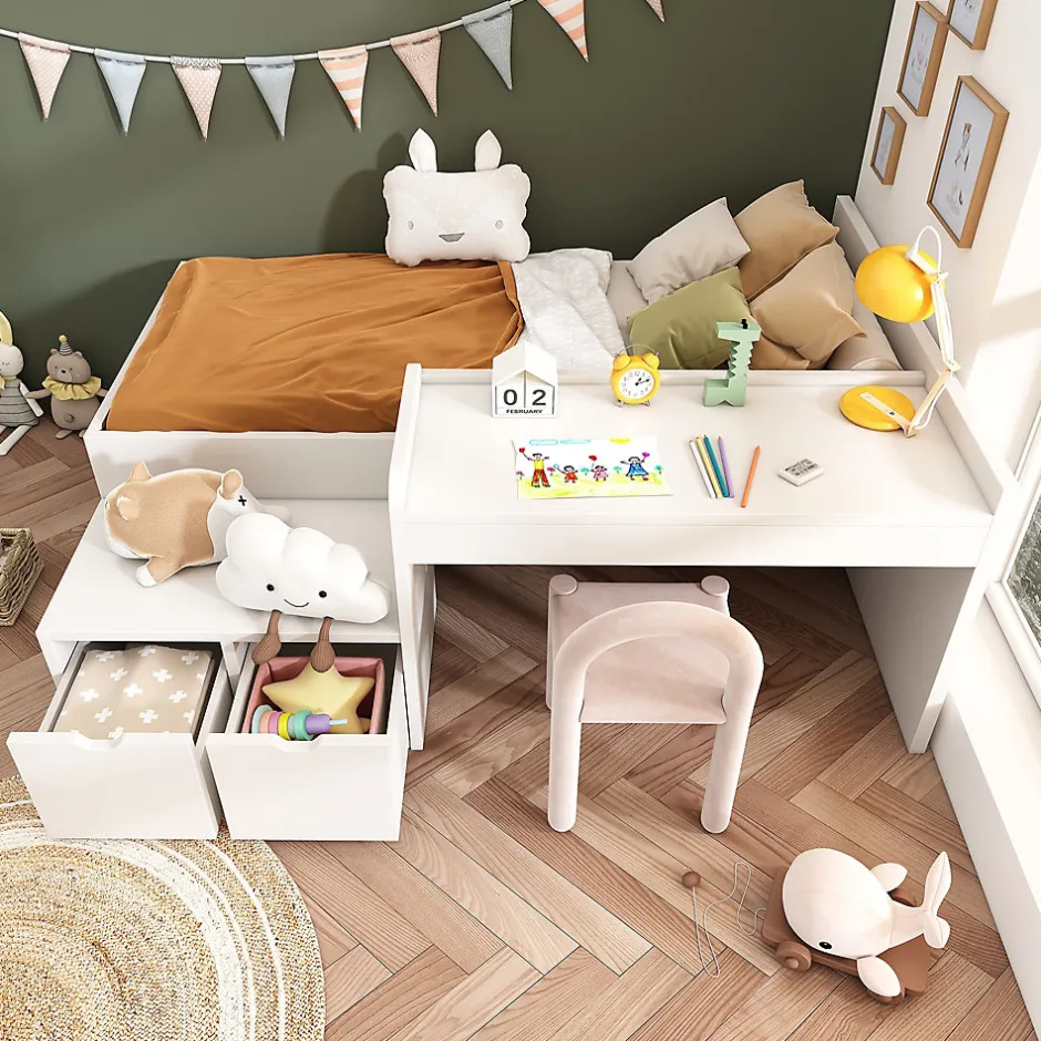 Enfant Okwish Lit enfant 90x200 cm - Lit simple avec bureau intégré et tiroirs de rangement - Bois massif, pin et MDF - Blanc - Sans matelas