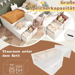 Enfant Okwish Lit enfant 90x200 cm - Lit simple avec bureau intégré et tiroirs de rangement - Bois massif, pin et MDF - Blanc - Sans matelas