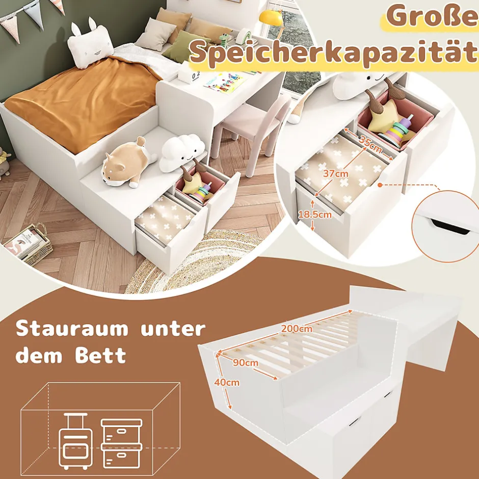 Enfant Okwish Lit enfant 90x200 cm - Lit simple avec bureau intégré et tiroirs de rangement - Bois massif, pin et MDF - Blanc - Sans matelas