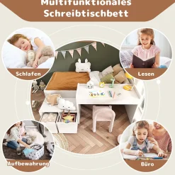 Enfant Okwish Lit enfant 90x200 cm - Lit simple avec bureau intégré et tiroirs de rangement - Bois massif, pin et MDF - Blanc - Sans matelas