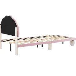Okwish Lit enfant 90x200 cm - Lit Simple avec LED Multicolores, Pieds Ronds Capitonnés, Velours, Sans Matelas - Beige et Rose Sale