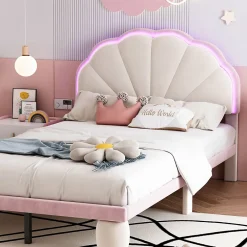 Okwish Lit enfant 90x200 cm - Lit Simple avec LED Multicolores, Pieds Ronds Capitonnés, Velours, Sans Matelas - Beige et Rose Sale