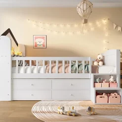 Okwish Lit enfant 90x200 cm - Lit simple Mi-Hauteur avec Cabane, Fenêtre, Tiroirs de Rangement et Éclairage LED - Bois MDF - Blanc