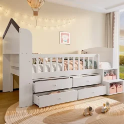 Okwish Lit enfant 90x200 cm - Lit simple Mi-Hauteur avec Cabane, Fenêtre, Tiroirs de Rangement et Éclairage LED - Bois MDF - Blanc