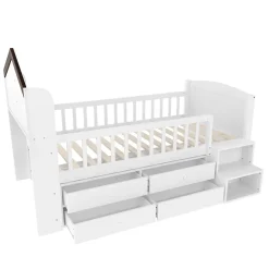 Okwish Lit enfant 90x200 cm - Lit simple Mi-Hauteur avec Cabane, Fenêtre, Tiroirs de Rangement et Éclairage LED - Bois MDF - Blanc