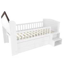 Okwish Lit enfant 90x200 cm - Lit simple Mi-Hauteur avec Cabane, Fenêtre, Tiroirs de Rangement et Éclairage LED - Bois MDF - Blanc
