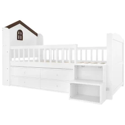 Okwish Lit enfant 90x200 cm - Lit simple Mi-Hauteur avec Cabane, Fenêtre, Tiroirs de Rangement et Éclairage LED - Bois MDF - Blanc