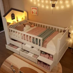 Okwish Lit enfant 90x200 cm - Lit simple Mi-Hauteur avec Cabane, Fenêtre, Tiroirs de Rangement et Éclairage LED - Bois MDF - Blanc
