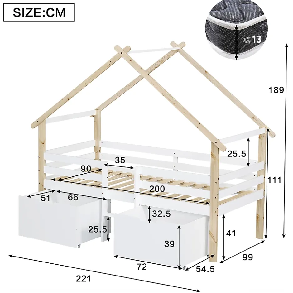Okwish Lit enfant 90x200 cm - Lit Simple Cabane avec Escalier et 2 Rangements, Sans Matelas - Pin Blanc et Naturel Sale