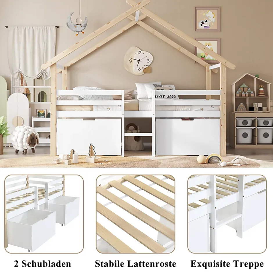 Okwish Lit enfant 90x200 cm - Lit Simple Cabane avec Escalier et 2 Rangements, Sans Matelas - Pin Blanc et Naturel Sale
