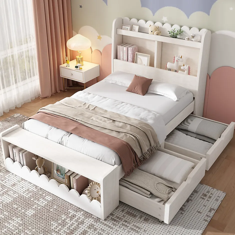 Generique Lit enfant 90x190 cm - Lit Simple avec 2 Tiroirs, Étagère et Banc, Bois Massif et MDF, Sans Matelas - Blanc et Chêne Votan