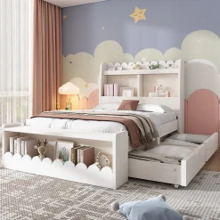 Generique Lit enfant 90x190 cm - Lit Simple avec 2 Tiroirs, Étagère et Banc, Bois Massif et MDF, Sans Matelas - Blanc et Chêne Votan