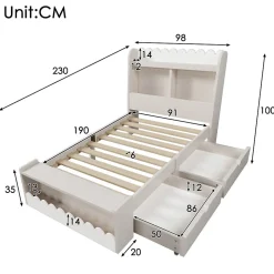Generique Lit enfant 90x190 cm - Lit Simple avec 2 Tiroirs, Étagère et Banc, Bois Massif et MDF, Sans Matelas - Blanc et Chêne Votan