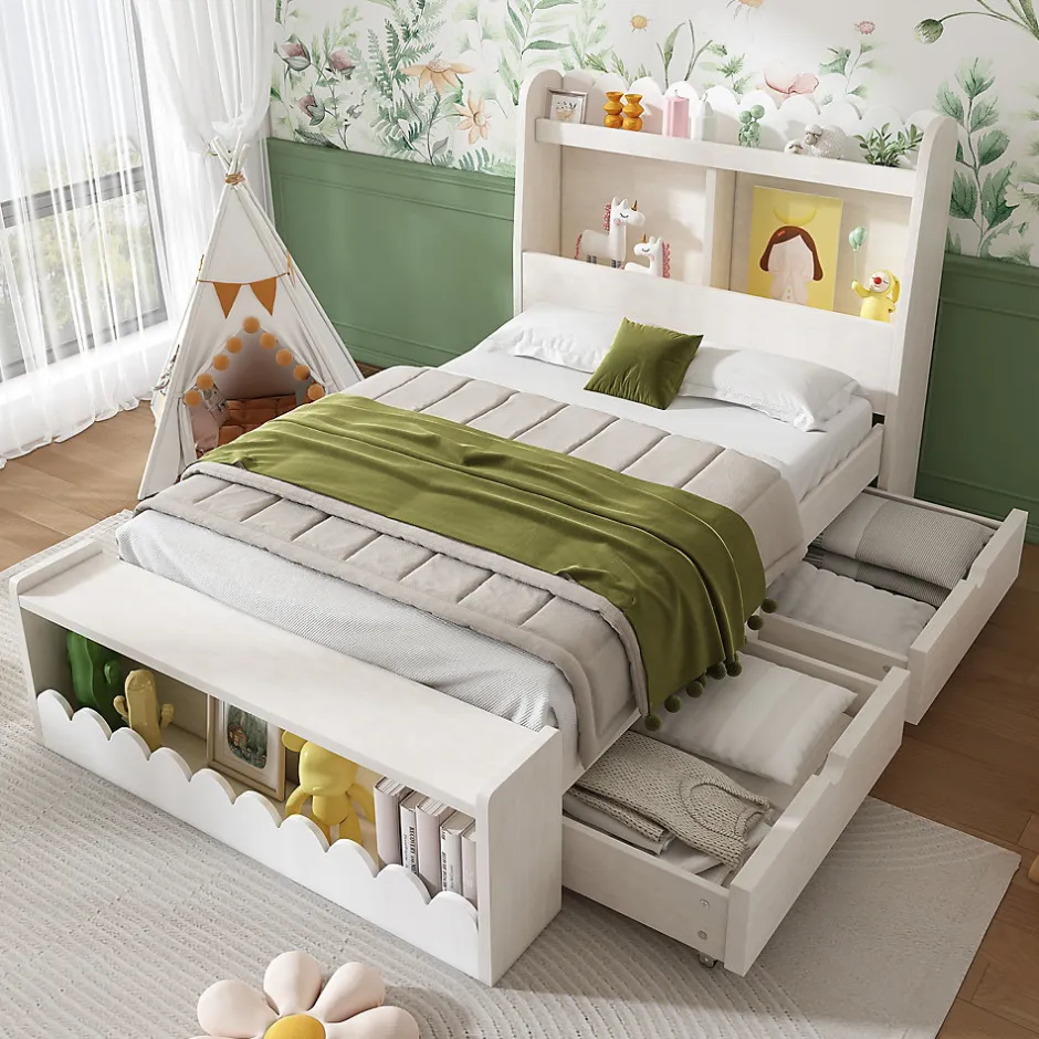 Generique Lit enfant 90x190 cm - Lit Simple avec 2 Tiroirs, Étagère et Banc, Bois Massif et MDF, Sans Matelas - Blanc et Chêne Votan