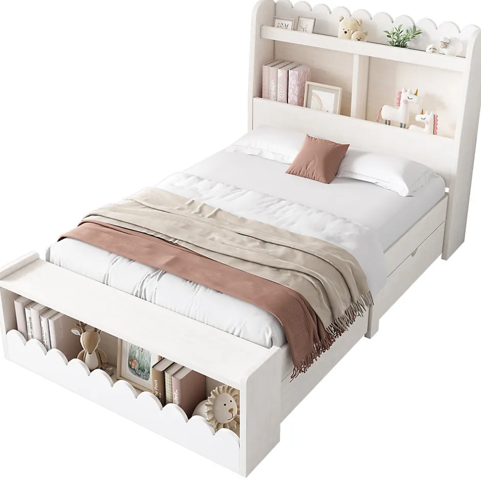 Generique Lit enfant 90x190 cm - Lit Simple avec 2 Tiroirs, Étagère et Banc, Bois Massif et MDF, Sans Matelas - Blanc et Chêne Votan