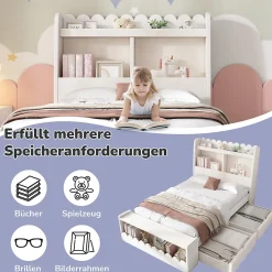 Generique Lit enfant 90x200 cm - Lit Simple avec Tiroirs et Étagère, Sans Matelas, Bois Massif et MDF, Blanc Chêne Votan Hot