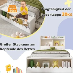Generique Lit enfant 90x200 cm - Lit Simple avec Tiroirs et Étagère, Sans Matelas, Bois Massif et MDF, Blanc Chêne Votan Hot