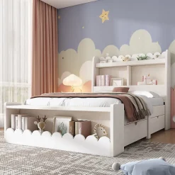 Generique Lit enfant 90x200 cm - Lit Simple avec Tiroirs et Étagère, Sans Matelas, Bois Massif et MDF, Blanc Chêne Votan Hot
