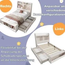 Generique Lit enfant 90x200 cm - Lit Simple avec Tiroirs et Étagère, Sans Matelas, Bois Massif et MDF, Blanc Chêne Votan Hot