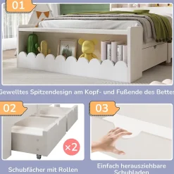 Generique Lit enfant 90x200 cm - Lit Simple avec Tiroirs et Étagère, Sans Matelas, Bois Massif et MDF, Blanc Chêne Votan Hot