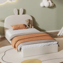 Okwish Lit enfant 90x200 cm - Lit Simple avec Tête Capitonnée, design Lapin, Sans Matelas - Velours Beige New