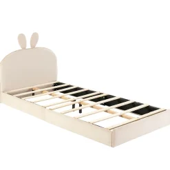 Okwish Lit enfant 90x200 cm - Lit Simple avec Tête Capitonnée, design Lapin, Sans Matelas - Velours Beige New