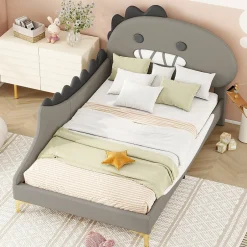 Generique Lit enfant 90x200 cm - Lit Simple Dinosaure avec Tête de Lit Décorative - PU et MDF - Gris - Sans Matelas