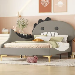 Generique Lit enfant 90x200 cm - Lit Simple Dinosaure avec Tête de Lit Décorative - PU et MDF - Gris - Sans Matelas