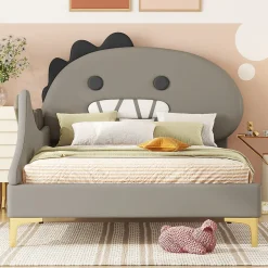 Generique Lit enfant 90x200 cm - Lit Simple Dinosaure avec Tête de Lit Décorative - PU et MDF - Gris - Sans Matelas
