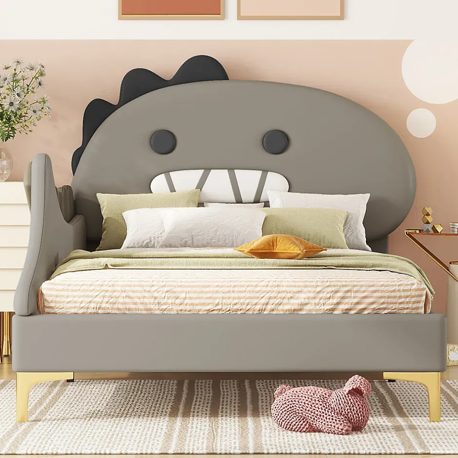 Generique Lit enfant 90x200 cm - Lit Simple Dinosaure avec Tête de Lit Décorative - PU et MDF - Gris - Sans Matelas