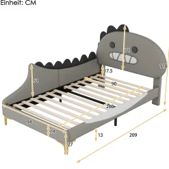 Generique Lit enfant 90x200 cm - Lit Simple Dinosaure avec Tête de Lit Décorative - PU et MDF - Gris - Sans Matelas