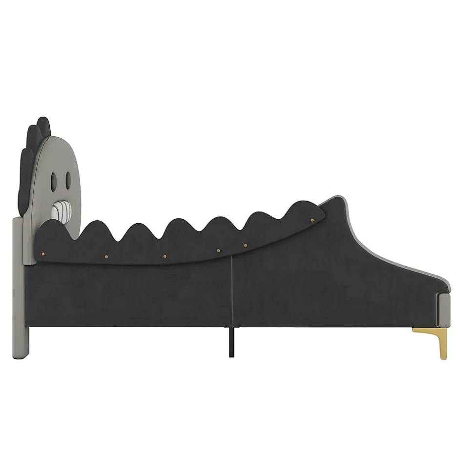 Generique Lit enfant 90x200 cm - Lit Simple Dinosaure avec Tête de Lit Décorative - PU et MDF - Gris - Sans Matelas