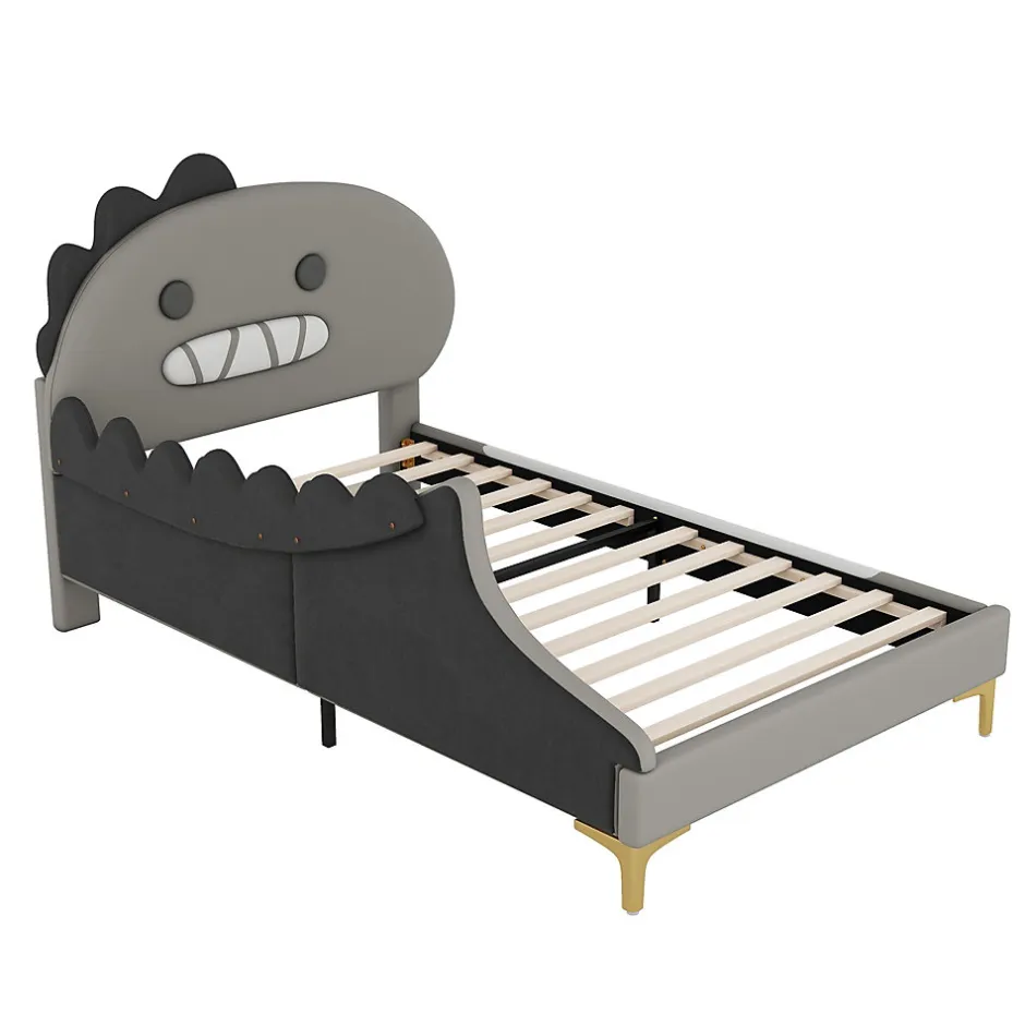 Generique Lit enfant 90x200 cm - Lit Simple Dinosaure avec Tête de Lit Décorative - PU et MDF - Gris - Sans Matelas